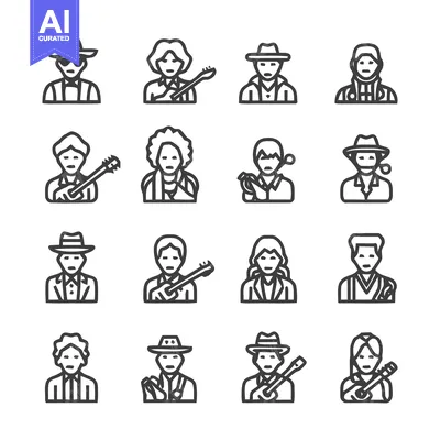 Aset premium populer: Line art icons of people with musical instruments and hats.