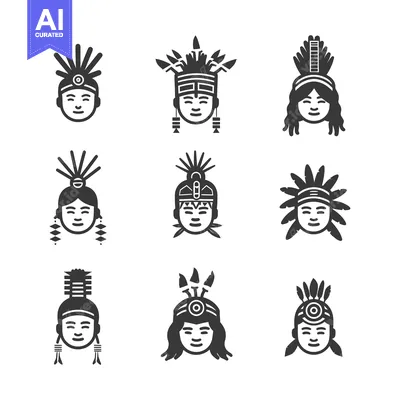 Aset desain premium: Collection of Native American Head Portraits with Traditional Headdres