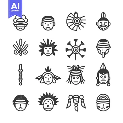 Aset desain premium: Collection of Native American Masks and Tribal Symbols