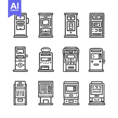 Aset desain premium: Collection of various vending machines in line art style.