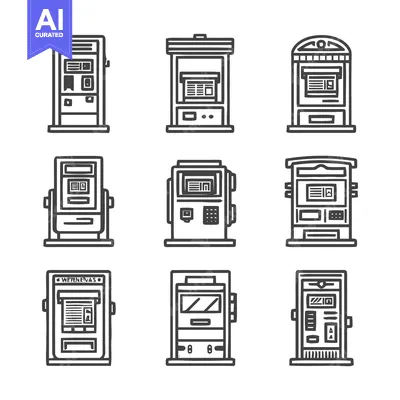 Aset desain premium: Collection of stylized vending machines in black and white.