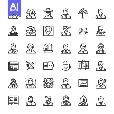 Aset premium populer: Collection of various line art icons representing people and concepts.