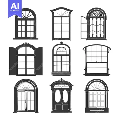 Premium design asset: Collection of Nine Black and White Arched Windows and Doors