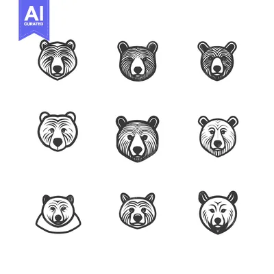 Aset premium populer: Collection of Nine Black and White Bear Head Illustrations
