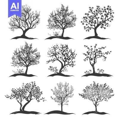 Aset premium populer: Collection of Nine Black and White Detailed Tree Silhouettes