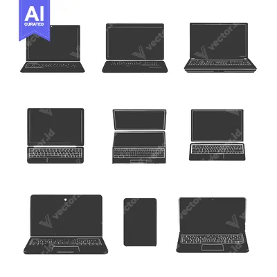 Aset premium populer: Collection of Nine Black and White Laptop Silhouettes