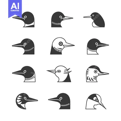 Aset desain premium: Collection of Nine Black and White Loon Bird Head Illustrations