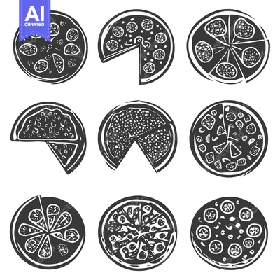 Aset premium populer: Collection of nine black and white pizza illustrations