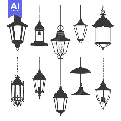 Aset desain premium: Collection of Nine Black and White Silhouettes of Hanging Lanterns