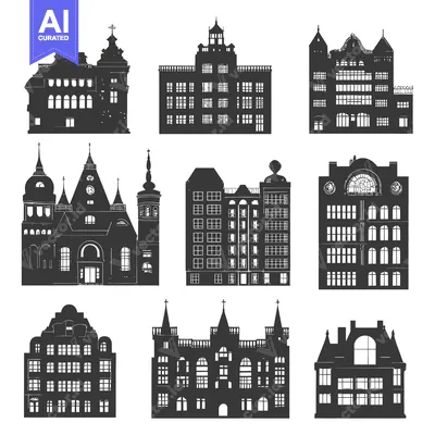 Aset desain premium: Collection of Nine Black and White Silhouettes of Historic Buildings