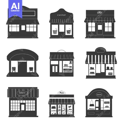 Aset premium populer: Collection of Nine Black and White Silhouettes of Storefront Facades