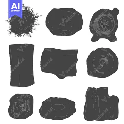 Aset desain premium: Collection of Nine Black and White Silhouettes of Tree Cross Sections