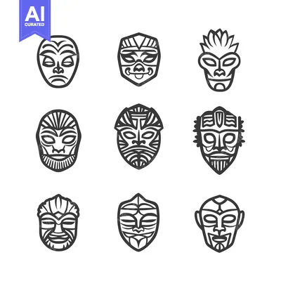 Aset premium populer: Collection of Nine Black and White Tribal Masks