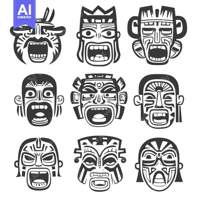 Aset desain premium: Collection of Nine Black and White Tribal Masks with Open Mouths