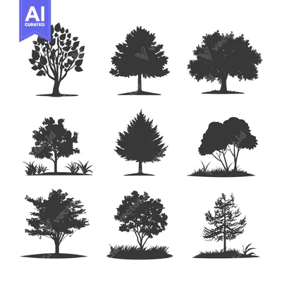 Premium design asset: Collection of nine black tree silhouettes