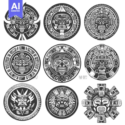 Aset desain premium: Collection of Nine Circular Aztec Designs Featuring Masks