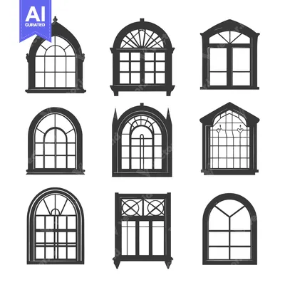 Aset premium populer: Collection of nine different arched windows, all in black and white