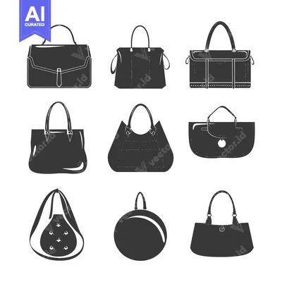 Aset desain premium: Collection of nine different handbag silhouettes in black