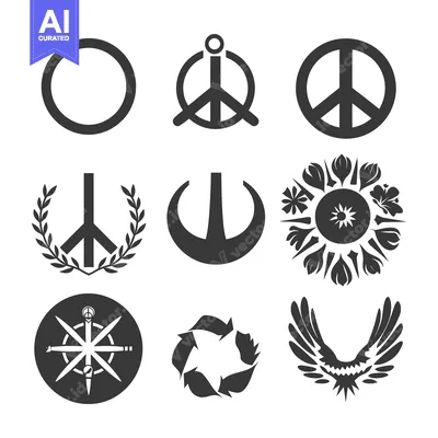 Collection of nine different peace and unity symbols in black and whit