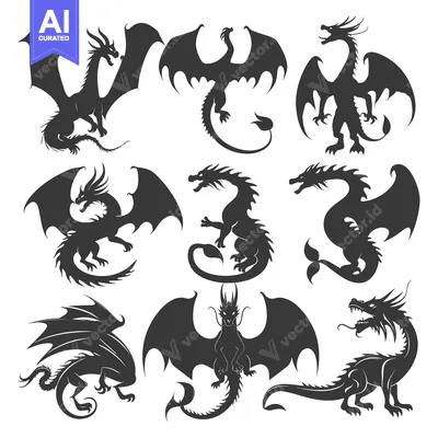 Premium design asset: Collection of Nine Dragon Silhouettes in Various Poses