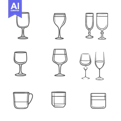 Aset desain premium: Collection of Nine Hand-Drawn Glassware Illustrations
