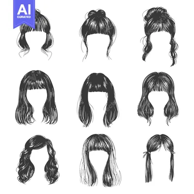 Aset desain premium: Collection of Nine Hand-Drawn Hairstyles for Women