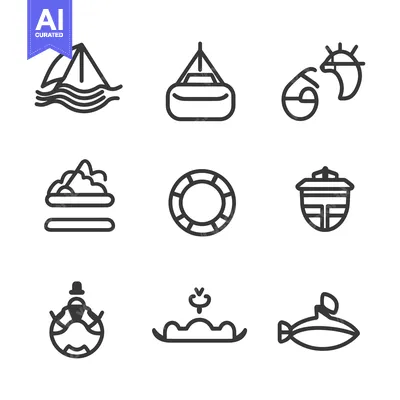 Collection of Nine Line Art Icons Representing Nautical and Water Acti