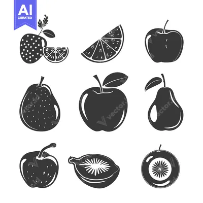 Aset desain premium: Collection of nine monochrome fruit silhouettes on a white background