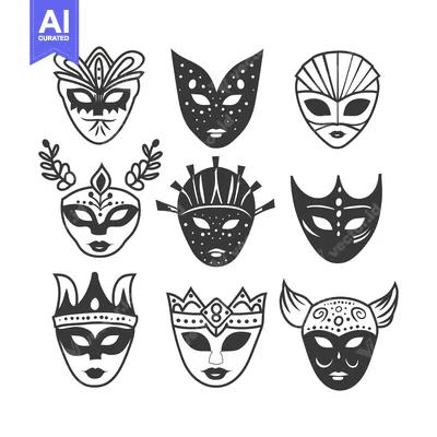 Aset premium populer: Collection of Nine Ornamental Masks with Various Designs