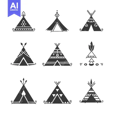 Aset desain premium: Collection of Nine Ornamental Native American Tipi Silhouettes
