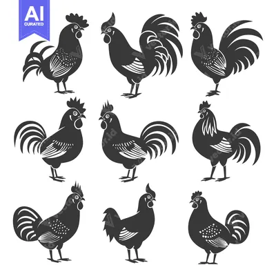 Premium design asset: Collection of Nine Silhouettes of Roosters in Various Poses