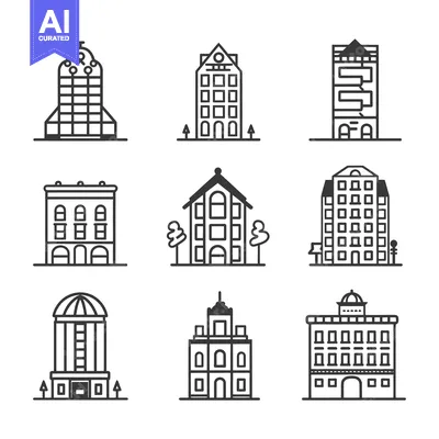 Premium design asset: Collection of Nine Simple Line Drawings of Buildings