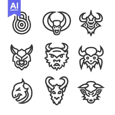 Aset desain premium: Collection of Nine Stylized Line Art Monster Heads