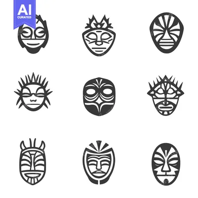 Aset desain premium: Collection of Nine Tribal Masks with Geometric Patterns