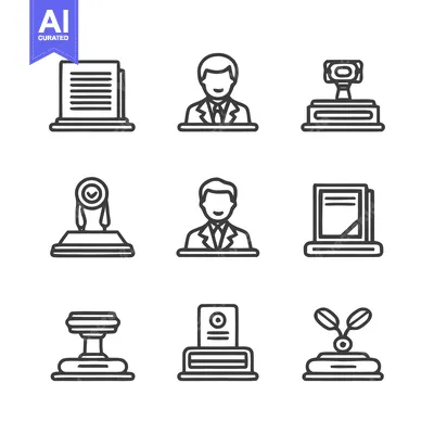 Collection of business and legal document stamps and seals icons.