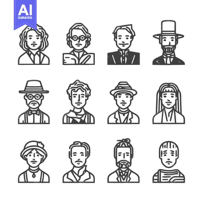 Aset premium populer: Collection of people portraits in a simple line art style.