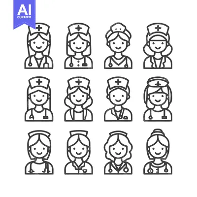 Aset premium populer: Illustrative Nurse Icons Depicting Healthcare Professionals in Various