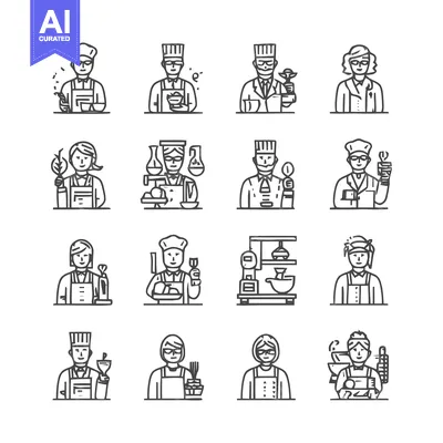 Aset premium populer: Diverse Line Art Illustrations of Various Professions and Occupations.