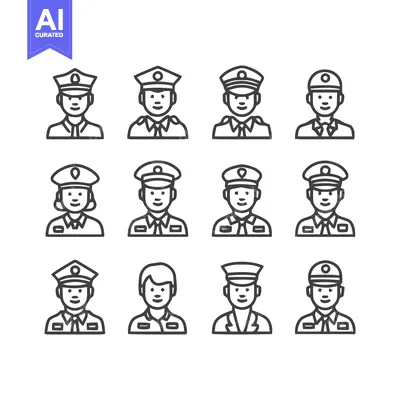 Line art police officer portraits, various uniform designs, vector ill