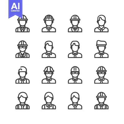 Premium design asset: Collection of various construction worker icons in a line art style.