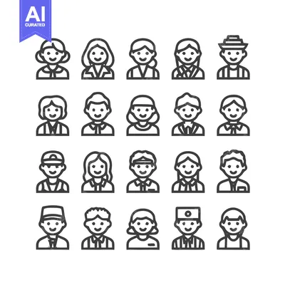 Aset desain premium: Diverse Line Art Portraits - A Collection of People Icons.