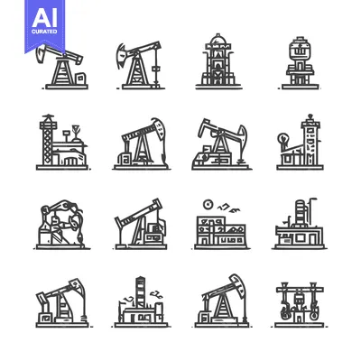 Aset desain premium: Oil industry icons representing various aspects of energy production.