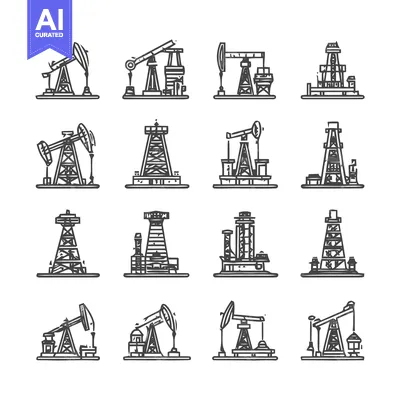 Aset premium populer: Collection of Oil Rigs and Industrial Equipment Icons.