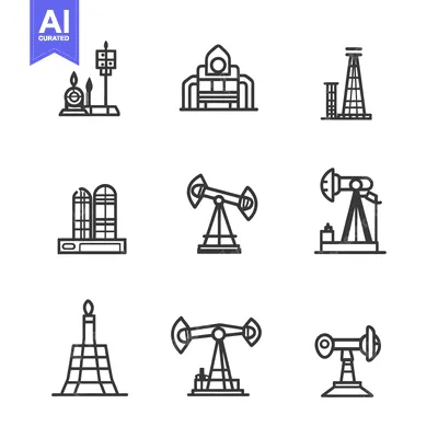 Aset premium populer: Collection of Oil Industry Icons in Line Art Style