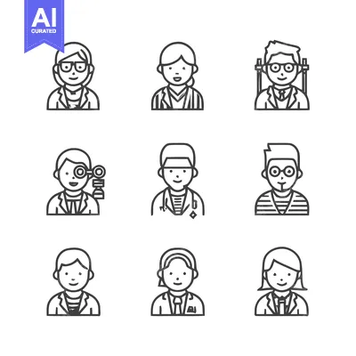 Aset desain premium: Diverse medical professionals in line art style.