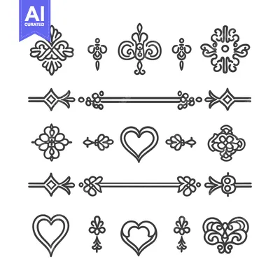 Aset premium populer: Collection of Ornamental Line Art Designs with Hearts and Floral Motif