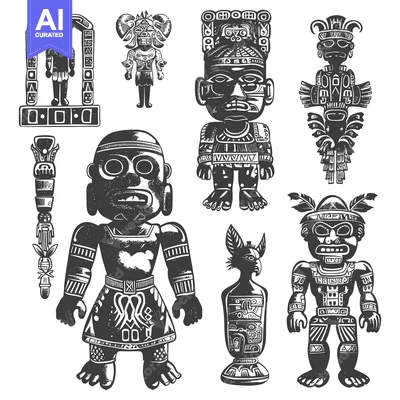 Aset desain premium: Collection of Ornate Ancient Mayan Figures