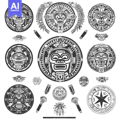 Aset desain premium: Collection of Ornate Aztec Masks and Designs