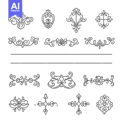 Aset desain premium: Collection of Ornate Floral Designs with Swirls and Curls