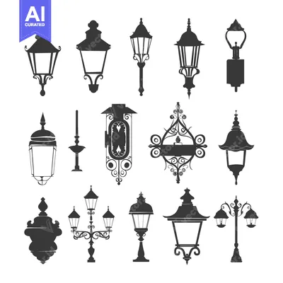 Aset desain premium: Collection of Ornate Street Lamp Silhouettes